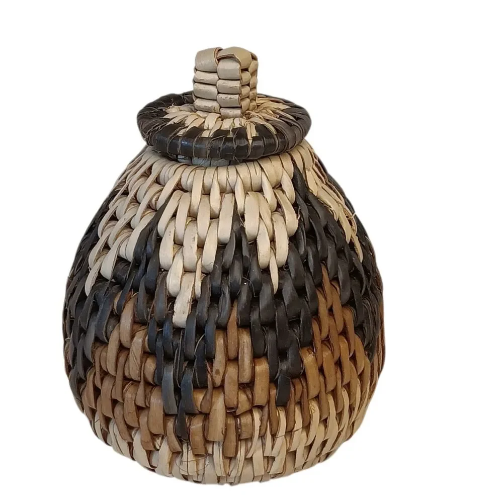 African Zulu Herb Container w/ Lid Hand Woven Herb Basket Ukhamba & Herbs 4x3.5